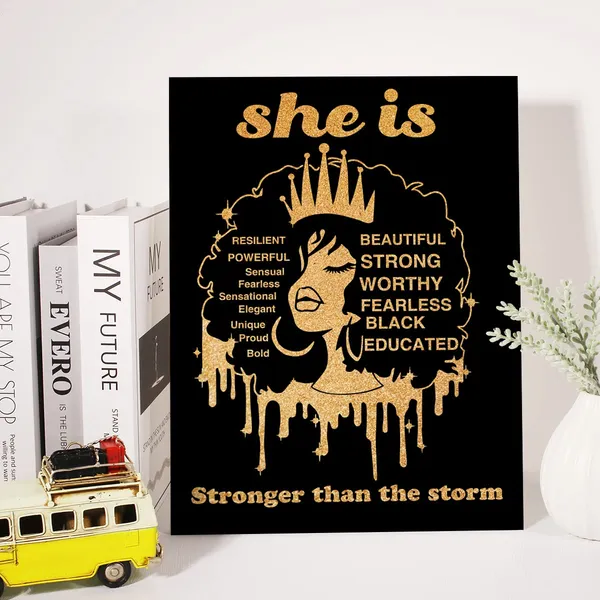 Multicolor_Black_Woman_Canvas_Wall_Art_Motivational_She_Is_Stronger_Than_The_Storm_Black_Girl_Gold_Foil_Art_Print_Framed_Canvas_Painting_Artwork_Home_Decor_Gifts_12_X_16_Inch