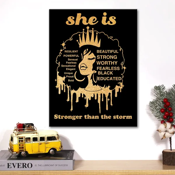Multicolor_Black_Woman_Canvas_Wall_Art_Motivational_She_Is_Stronger_Than_The_Storm_Black_Girl_Gold_Foil_Art_Print_Framed_Canvas_Painting_Artwork_Home_Decor_Gifts_12_X_16_Inch