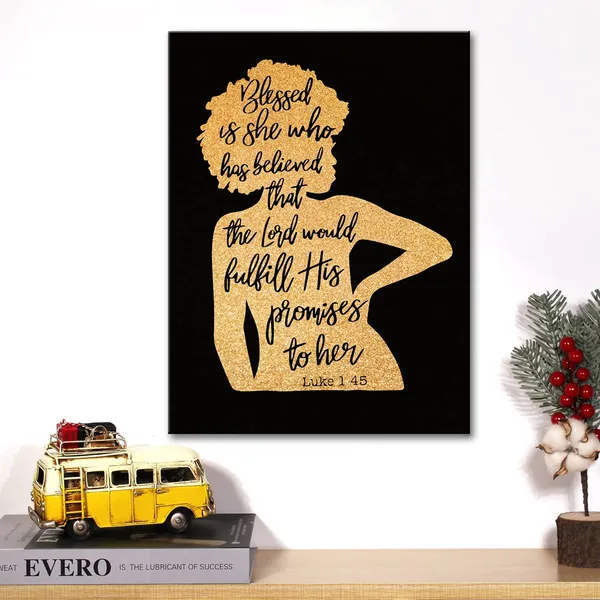Multicolor_Black_Woman_Canvas_Wall_Art_Motivational_Luke_1:45_Christian_Gold_Foil_Art_Print_Framed_Canvas_Painting_Artwork_Home_Decor_Religious_Gifts_12_X_16_Inch