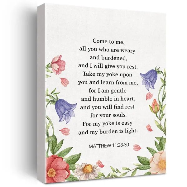Multicolor_Christian_Canvas_Wall_Art_Motivational_Matthew_11:28-30_Canvas_Print_Scripture_Bible_Verse_Painting_Home_Wall_Decor_Framed_Nursery_Wedding_Gift_12_X_16_Inch