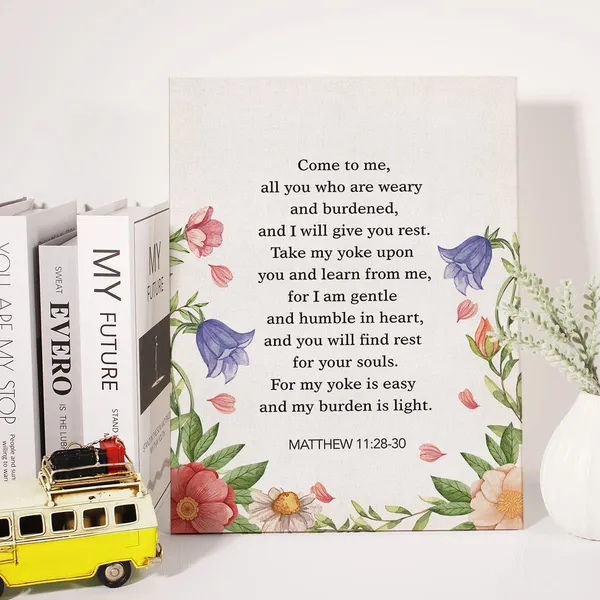 Multicolor_Christian_Canvas_Wall_Art_Motivational_Matthew_11:28-30_Canvas_Print_Scripture_Bible_Verse_Painting_Home_Wall_Decor_Framed_Nursery_Wedding_Gift_12_X_16_Inch