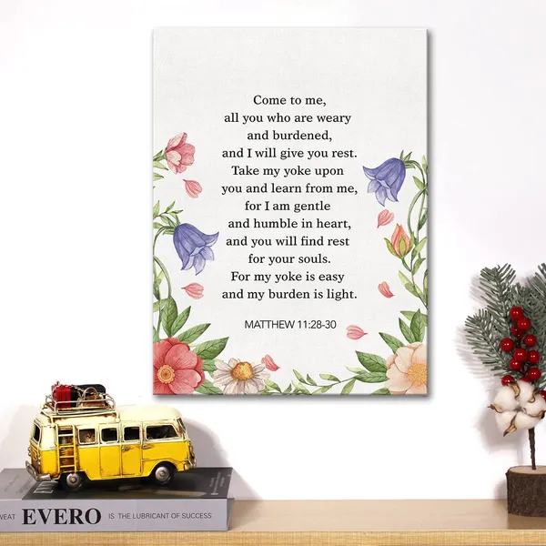 Multicolor_Christian_Canvas_Wall_Art_Motivational_Matthew_11:28-30_Canvas_Print_Scripture_Bible_Verse_Painting_Home_Wall_Decor_Framed_Nursery_Wedding_Gift_12_X_16_Inch