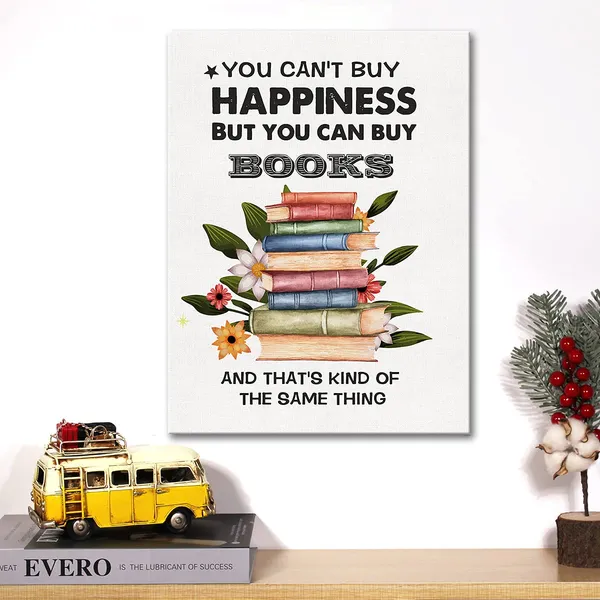 Multicolor_Book_Quote_Canvas_Wall_Art_Motivational_You_Can'T_Buy_Happiness_But_You_Can_Buy_Books_Canvas_Print_Reading_Painting_Office_Home_Wall_Decor_Framed_Book_Lovers_Gift_12_X_16_Inch