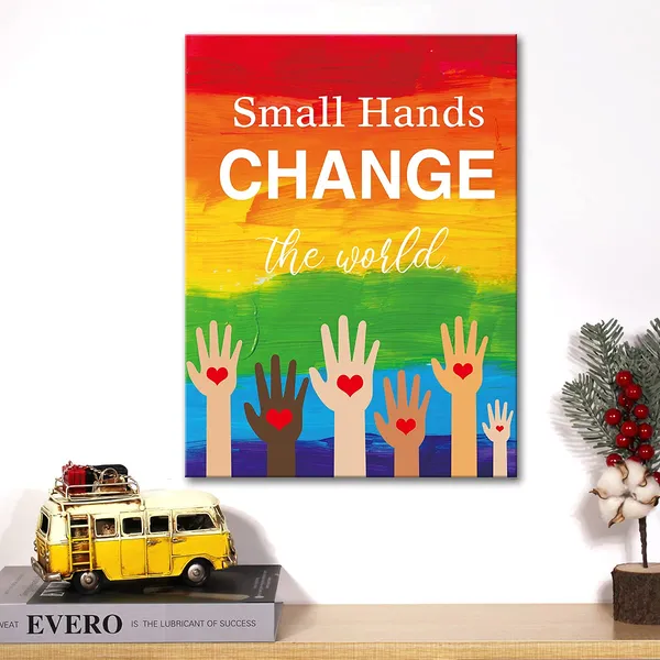 Multicolor_Small_Hands_Change_The_World_Classroom_Canvas_Wall_Art_Motivational_Equality_Quotes_Canvas_Print_Colourful_Positive_Canvas_Painting_Wall_Decor_Framed_Gift_12_X_16_Inch