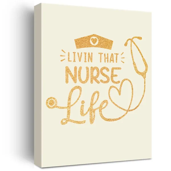 Multicolor_Nursing_Gold_Foil_Canvas_Wall_Art_Motivational_Livin'_That_Nurse_Life_Quote_Print_Framed_Canvas_Painting_Artwork_Home_Decor_Gifts_12_X_16_Inch
