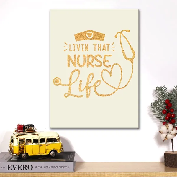 Multicolor_Nursing_Gold_Foil_Canvas_Wall_Art_Motivational_Livin'_That_Nurse_Life_Quote_Print_Framed_Canvas_Painting_Artwork_Home_Decor_Gifts_12_X_16_Inch
