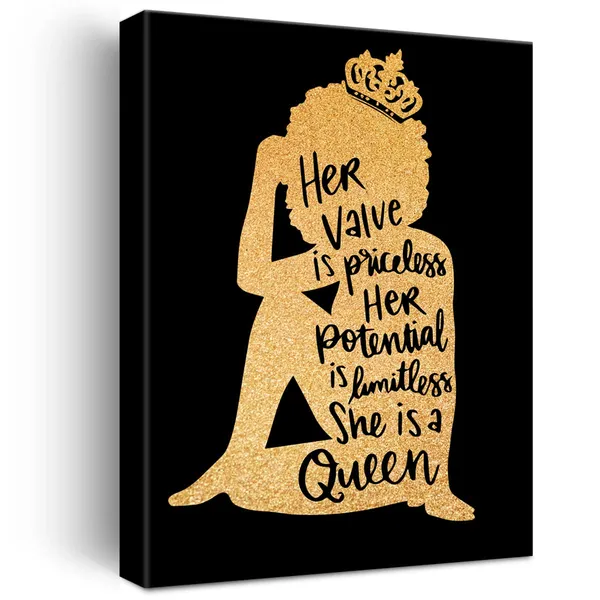 Multicolor_Black_Woman_Canvas_Wall_Art_Motivational_She_Is_A_Queen_Gold_Foil_Art_Print_Framed_Canvas_Painting_Artwork_Home_Decor_Gifts_12_X_16_Inch