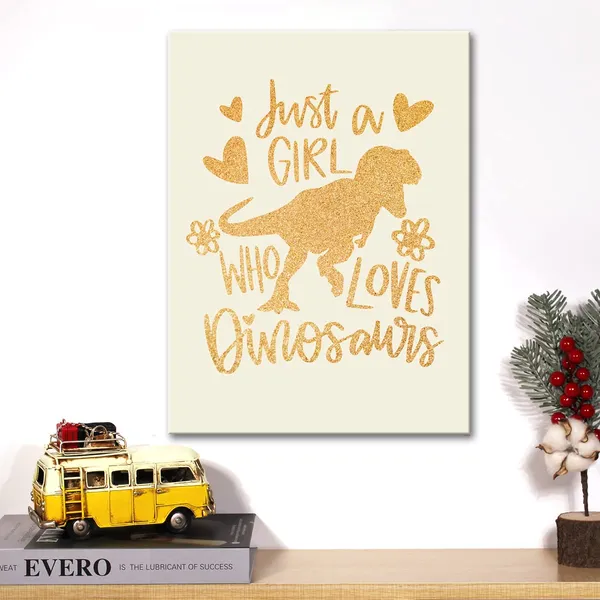 Multicolor_Dinosaur_Lover_Gold_Foil_Canvas_Wall_Art_Just_A_Girl_Who_Loves_Dinosaurs_Quote_Print_Framed_Canvas_Painting_Artwork_Home_Decor_Gifts_12_X_16_Inch