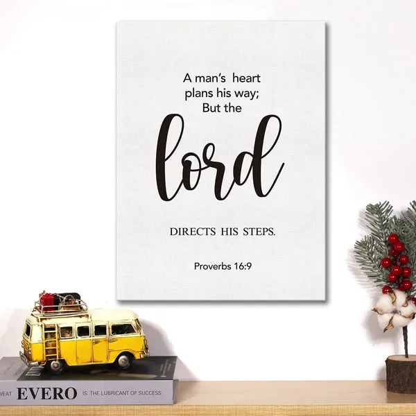 Multicolor_Christian_Canvas_Wall_Art_Motivational_A_Man'S_Heart_Plans_His_Way_Proverbs_16:9_Canvas_Print_Scripture_Bible_Verse_Painting_Home_Wall_Decor_Framed_Gift_12_X_16_Inch