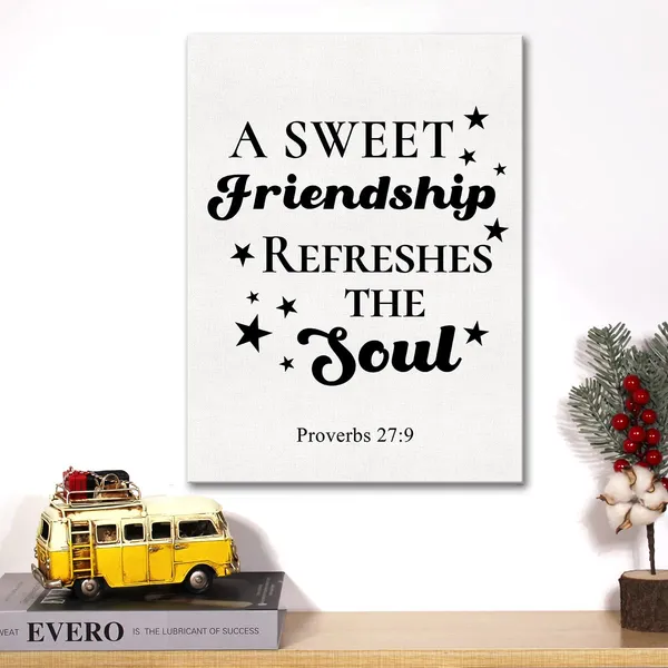 Multicolor_Christian_Canvas_Wall_Art_Motivational_A_Sweet_Friendship_Refreshes_The_Soul_Proverbs_27:9_Canvas_Print_Positive_Scripture_Bible_Verse_Painting_Home_Wall_Decor_Framed_Friendship_Gift_12_X_16_Inch