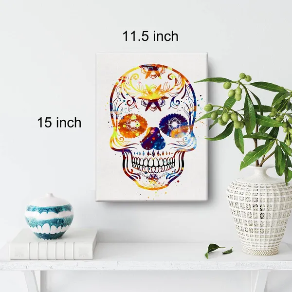 Multicolor_Sugar_Skull_Watercolor_Wall_Art_Goth_Skull_Canvas_Painting_Prints_|_For_Home_Office_Wall_Decor_Framed_Horror_Artwork_Gothic_Gifts(12_X_16")