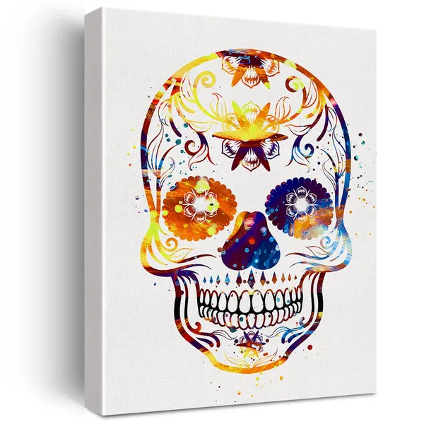 Multicolor_Sugar_Skull_Watercolor_Wall_Art_Goth_Skull_Canvas_Painting_Prints_|_For_Home_Office_Wall_Decor_Framed_Horror_Artwork_Gothic_Gifts(12_X_16")