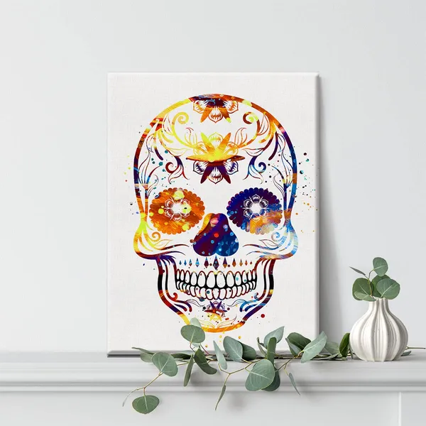 Multicolor_Sugar_Skull_Watercolor_Wall_Art_Goth_Skull_Canvas_Painting_Prints_|_For_Home_Office_Wall_Decor_Framed_Horror_Artwork_Gothic_Gifts(12_X_16")
