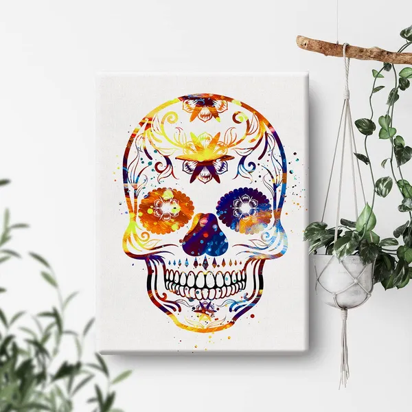 Multicolor_Sugar_Skull_Watercolor_Wall_Art_Goth_Skull_Canvas_Painting_Prints_|_For_Home_Office_Wall_Decor_Framed_Horror_Artwork_Gothic_Gifts(12_X_16")
