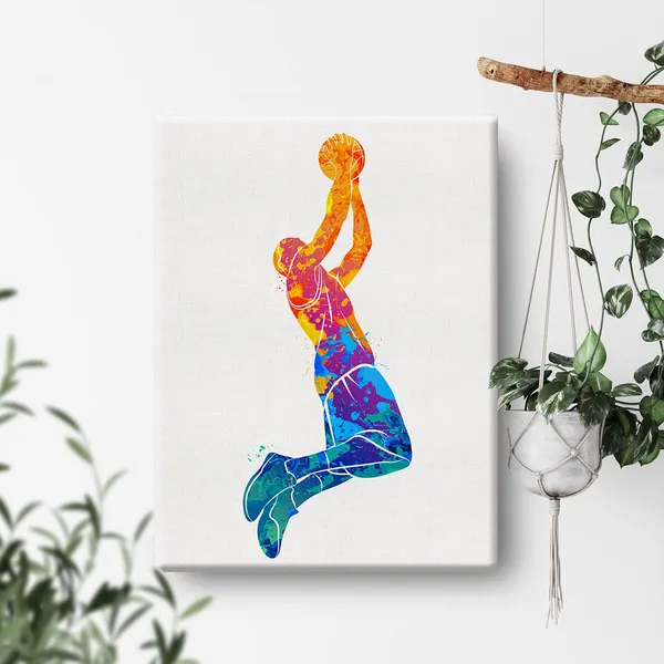 Multicolor_Basketball_Man_Watercolor_Wall_Jumpman_Basketball_Canvas_Painting_Prints_|_For_Home_Office_Wall_Decor_Framed_Sports_Artwork_Nursery_Gifts(12_X_16")