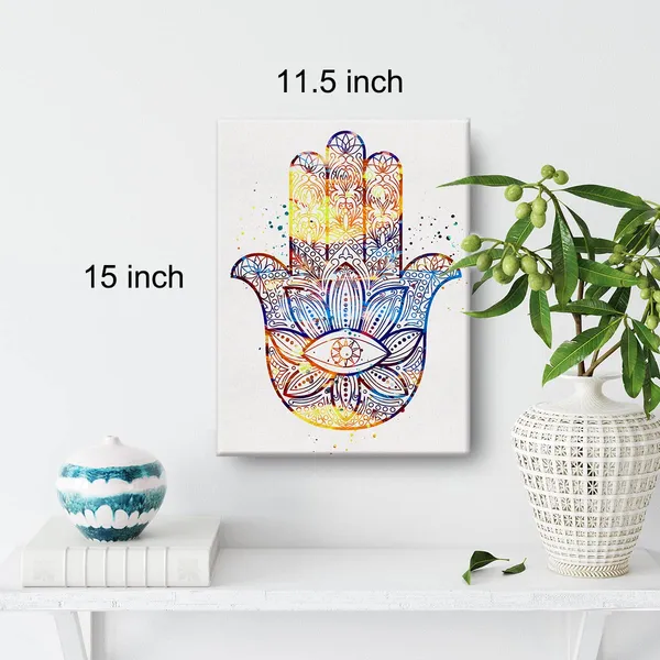Multicolor_Hamsa_Hand_Kabbalah_Watercolor_Hand_Art_Canvas_Painting_Prints_|_For_Home_Wall_Decor_Framed_Artwork_Wedding_Housewarming_Gifts(12_X_16)