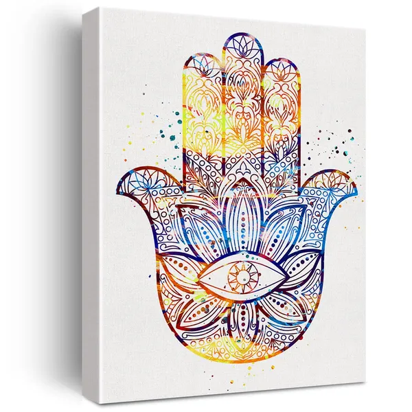 Multicolor_Hamsa_Hand_Kabbalah_Watercolor_Hand_Art_Canvas_Painting_Prints_|_For_Home_Wall_Decor_Framed_Artwork_Wedding_Housewarming_Gifts(12_X_16)