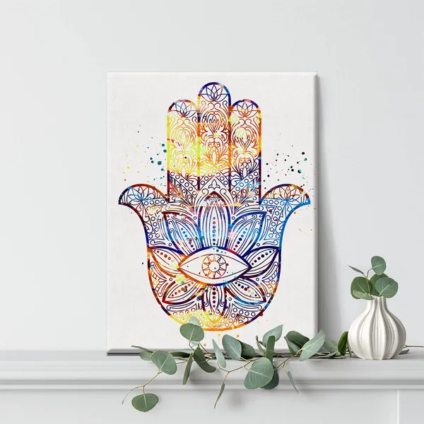 Multicolor_Hamsa_Hand_Kabbalah_Watercolor_Hand_Art_Canvas_Painting_Prints_|_For_Home_Wall_Decor_Framed_Artwork_Wedding_Housewarming_Gifts(12_X_16)