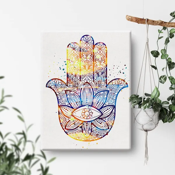 Multicolor_Hamsa_Hand_Kabbalah_Watercolor_Hand_Art_Canvas_Painting_Prints_|_For_Home_Wall_Decor_Framed_Artwork_Wedding_Housewarming_Gifts(12_X_16)