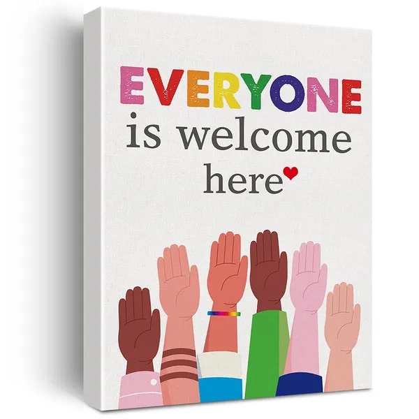 Multicolor_Inspirational_Diversity_Wall_Art_Everyone_Is_Welcome_Here_Watercolor_Canvas_Painting_Prints_|_For_Classroom_Wall_Decor_Framed_Equality_Artwork_Gifts(12_X_16_Inch)