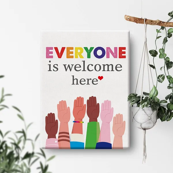 Multicolor_Inspirational_Diversity_Wall_Art_Everyone_Is_Welcome_Here_Watercolor_Canvas_Painting_Prints_|_For_Classroom_Wall_Decor_Framed_Equality_Artwork_Gifts(12_X_16_Inch)