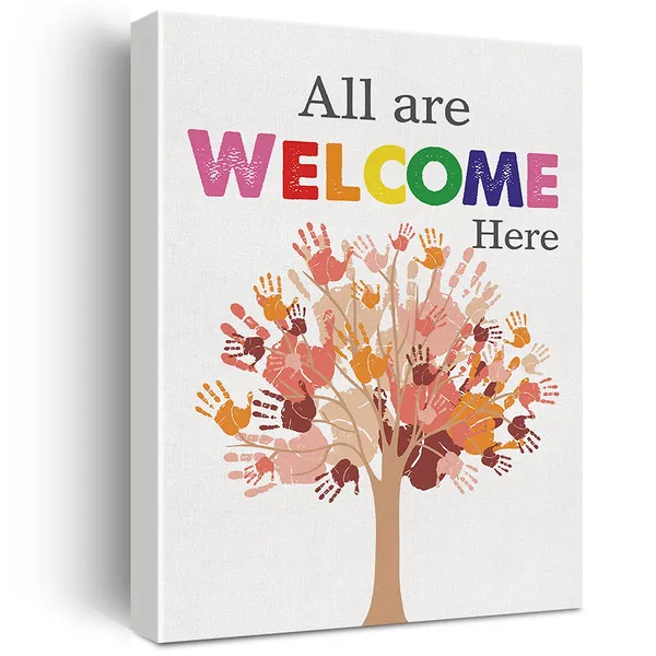 Multicolor_Inspirational_Diversity_Wall_Art_All_Are_Welcome_Here_Watercolor_Canvas_Painting_Prints_|_For_Classroom_Wall_Decor_Framed_Equality_Artwork_Gifts(12_X_16_Inch)