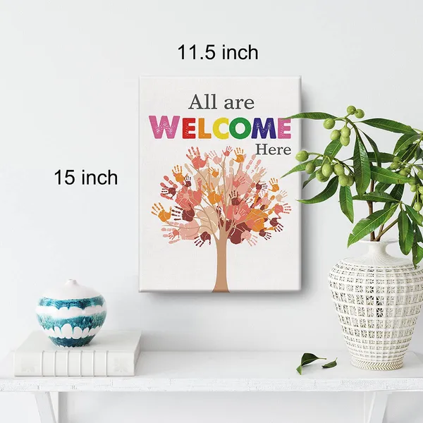Multicolor_Inspirational_Diversity_Wall_Art_All_Are_Welcome_Here_Watercolor_Canvas_Painting_Prints_|_For_Classroom_Wall_Decor_Framed_Equality_Artwork_Gifts(12_X_16_Inch)