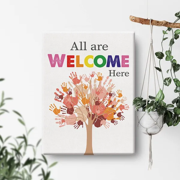 Multicolor_Inspirational_Diversity_Wall_Art_All_Are_Welcome_Here_Watercolor_Canvas_Painting_Prints_|_For_Classroom_Wall_Decor_Framed_Equality_Artwork_Gifts(12_X_16_Inch)