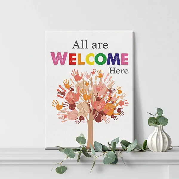 Multicolor_Inspirational_Diversity_Wall_Art_All_Are_Welcome_Here_Watercolor_Canvas_Painting_Prints_|_For_Classroom_Wall_Decor_Framed_Equality_Artwork_Gifts(12_X_16_Inch)