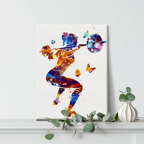 Multicolor_Woman_Weight_Lifter_Watercolor_Wall_Art_Female_Weightlifter_Canvas_Painting_Prints_|_For_Home_Gym_Wall_Decor_Framed_Artwork_Gifts(12_X_16_Inch)