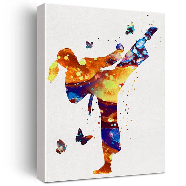 Multicolor_Karate_Girl_Watercolor_Wall_Art_Female_Karate_Canvas_Painting_Prints_|_For_Home_Wall_Decor_Framed_Artwork_Doctor_Gifts(12_X_16_Inch)