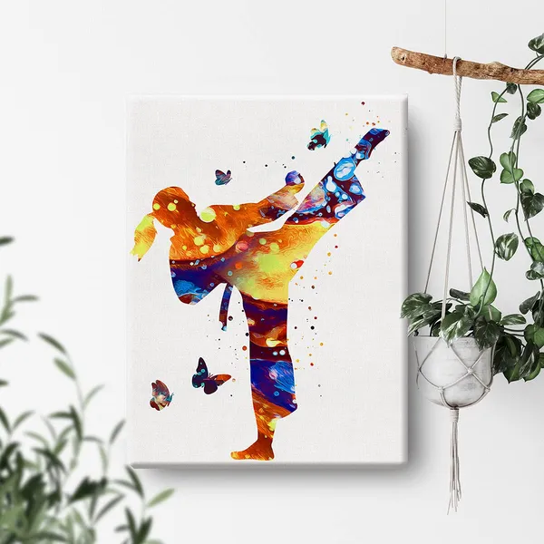 Multicolor_Karate_Girl_Watercolor_Wall_Art_Female_Karate_Canvas_Painting_Prints_|_For_Home_Wall_Decor_Framed_Artwork_Doctor_Gifts(12_X_16_Inch)