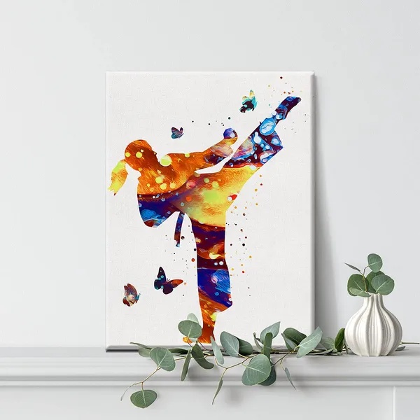 Multicolor_Karate_Girl_Watercolor_Wall_Art_Female_Karate_Canvas_Painting_Prints_|_For_Home_Wall_Decor_Framed_Artwork_Doctor_Gifts(12_X_16_Inch)