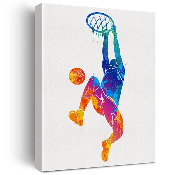 Multicolor_Basketball_Man_Watercolor_Wall_Jumpman_Basketball_Canvas_Painting_Prints_|_For_Home_Office_Wall_Decor_Framed_Sports_Artwork_Basket_Gifts(12_X_16")