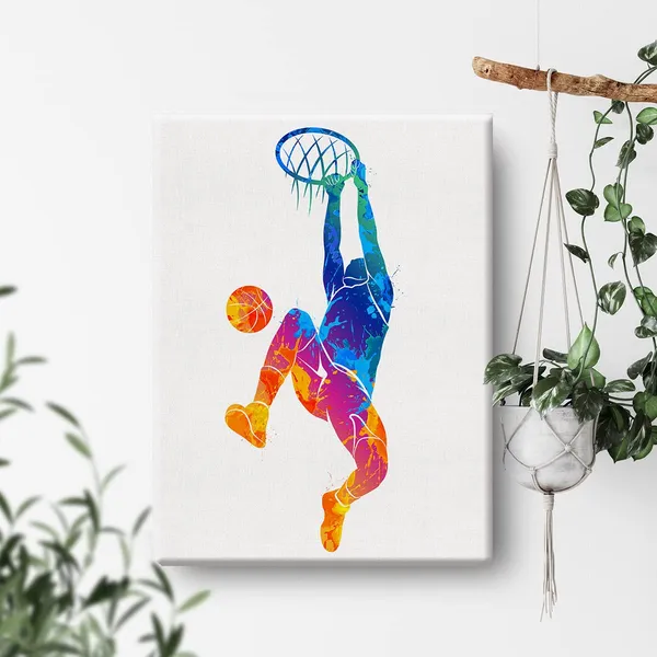 Multicolor_Basketball_Man_Watercolor_Wall_Jumpman_Basketball_Canvas_Painting_Prints_|_For_Home_Office_Wall_Decor_Framed_Sports_Artwork_Basket_Gifts(12_X_16")