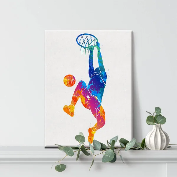 Multicolor_Basketball_Man_Watercolor_Wall_Jumpman_Basketball_Canvas_Painting_Prints_|_For_Home_Office_Wall_Decor_Framed_Sports_Artwork_Basket_Gifts(12_X_16")