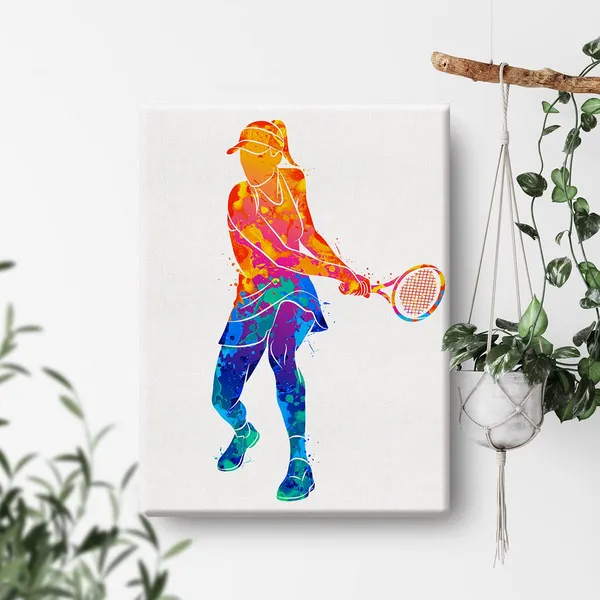 Multicolor_Tennis_Player_Girl_Watercolor_Wall_Female_Tennis_Canvas_Painting_Prints_|_For_Home_Office_Wall_Decor_Framed_Sports_Artwork_Gifts(12_X_16")
