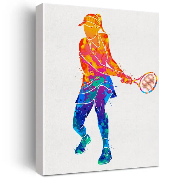 Multicolor_Tennis_Player_Girl_Watercolor_Wall_Female_Tennis_Canvas_Painting_Prints_|_For_Home_Office_Wall_Decor_Framed_Sports_Artwork_Gifts(12_X_16")