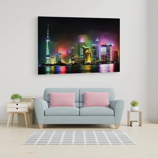 Multicolor_Pudong_Shanghai_Night,_Wooden_Framed_Canvas_Paintings_|_For_Home_Decor_|_Bedroom,_Living_Room,Wall_Decoration_|_Wall_Art_Painting,_Ct0183,_Size_16_X_24_In