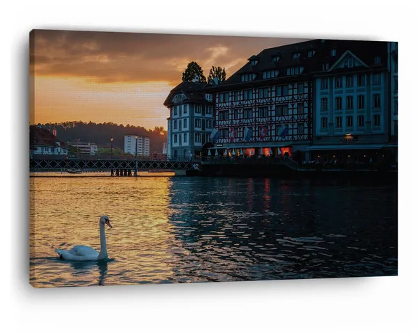 Multicolor_Lucerne_Evening_Swans,_Wooden_Framed_Canvas_Paintings_|_For_Home_Decor_|_Bedroom,_Living_Room,Wall_Decoration_|_Wall_Art_Painting,_Ct0266,_Size_16_X_24_In