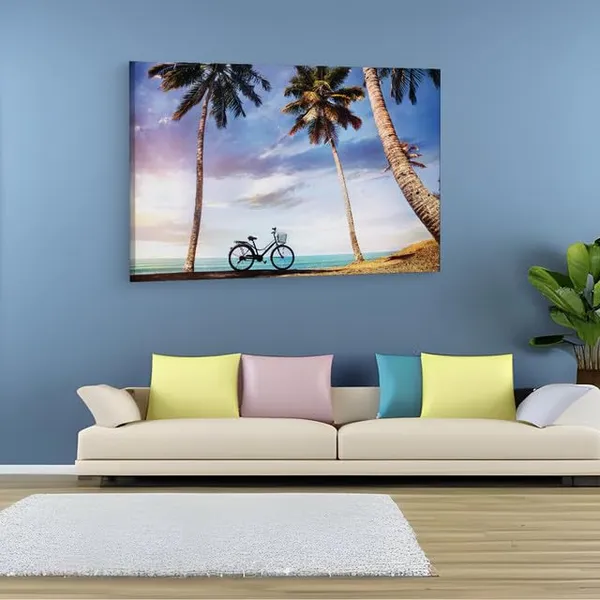Multicolor_Bicycle_With_Basket_On_The_Beach,_Wooden_Framed_Canvas_Paintings_|_For_Home_Decor_|_Bedroom,_Living_Room,Wall_Decoration_|_Wall_Art_Painting,_Ct0633,_Size_16_X_24_In