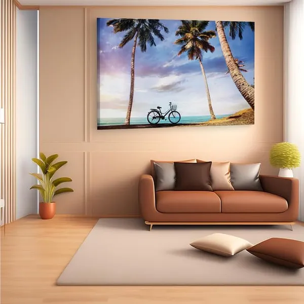 Multicolor_Bicycle_With_Basket_On_The_Beach,_Wooden_Framed_Canvas_Paintings_|_For_Home_Decor_|_Bedroom,_Living_Room,Wall_Decoration_|_Wall_Art_Painting,_Ct0633,_Size_16_X_24_In