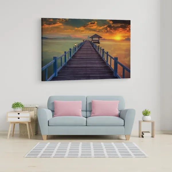 Multicolor_Wooden_Bridge_In_The_Sea_At_Sunset,_Wooden_Framed_Canvas_Paintings_|_For_Home_Decor_|_Bedroom,_Living_Room,Wall_Decoration_|_Wall_Art_Painting,_Ct0672,_Size_16_X_24_In