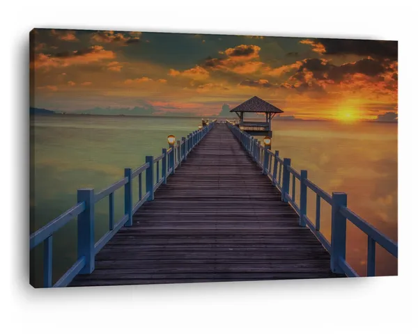 Multicolor_Wooden_Bridge_In_The_Sea_At_Sunset,_Wooden_Framed_Canvas_Paintings_|_For_Home_Decor_|_Bedroom,_Living_Room,Wall_Decoration_|_Wall_Art_Painting,_Ct0672,_Size_16_X_24_In