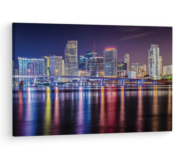 Multicolor_Miami_Night_Skyline,_Wooden_Framed_Canvas_Paintings_|_For_Living_Room_|_Bedroom_|_Office_|_Gallery_|_Ready_Wall_Mount_Canvas_Wall_Art_Painting_|_Size_-_12_X_18In,_Ct0055