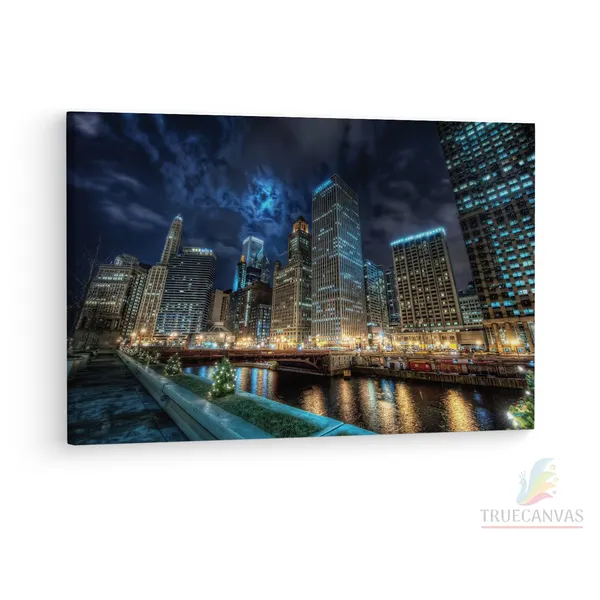 Multicolor_Downtown_Chicago_River_Night,_Wooden_Framed_Canvas_Paintings_|_For_Living_Room_|_Bedroom_|_Office_|_Gallery_|_Ready_Wall_Mount_Canvas_Wall_Art_Painting_|_Size_-_12_X_18In,_Ct0252