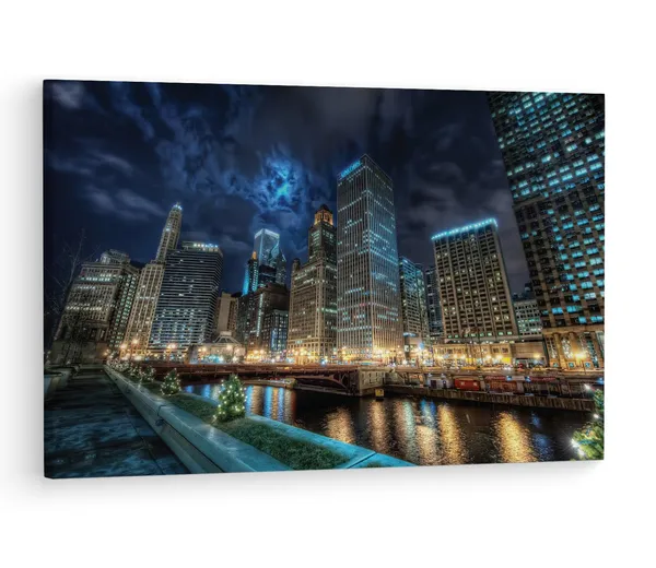 Multicolor_Downtown_Chicago_River_Night,_Wooden_Framed_Canvas_Paintings_|_For_Living_Room_|_Bedroom_|_Office_|_Gallery_|_Ready_Wall_Mount_Canvas_Wall_Art_Painting_|_Size_-_12_X_18In,_Ct0252