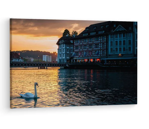 Multicolor_Lucerne_Evening_Swans,_Wooden_Framed_Canvas_Paintings_|_For_Living_Room_|_Bedroom_|_Office_|_Gallery_|_Ready_Wall_Mount_Canvas_Wall_Art_Painting_|_Size_-_12_X_18In,_Ct0266