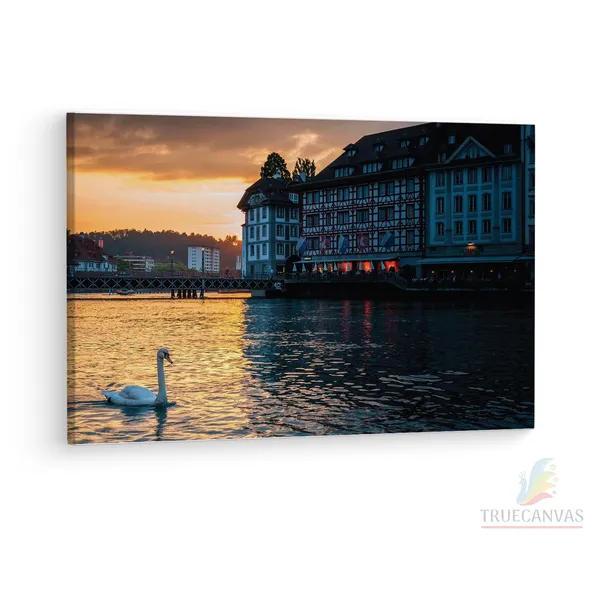 Multicolor_Lucerne_Evening_Swans,_Wooden_Framed_Canvas_Paintings_|_For_Living_Room_|_Bedroom_|_Office_|_Gallery_|_Ready_Wall_Mount_Canvas_Wall_Art_Painting_|_Size_-_12_X_18In,_Ct0266