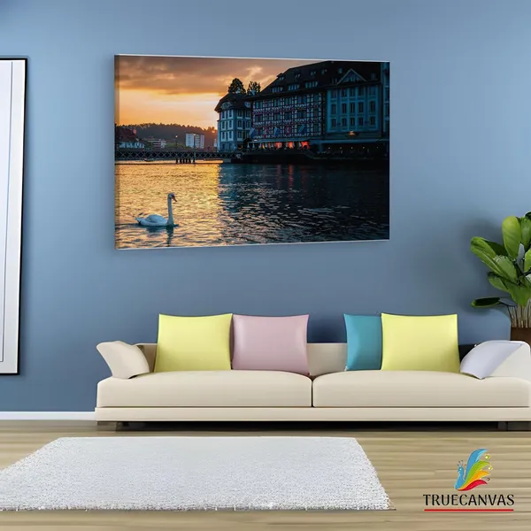 Multicolor_Lucerne_Evening_Swans,_Wooden_Framed_Canvas_Paintings_|_For_Living_Room_|_Bedroom_|_Office_|_Gallery_|_Ready_Wall_Mount_Canvas_Wall_Art_Painting_|_Size_-_12_X_18In,_Ct0266